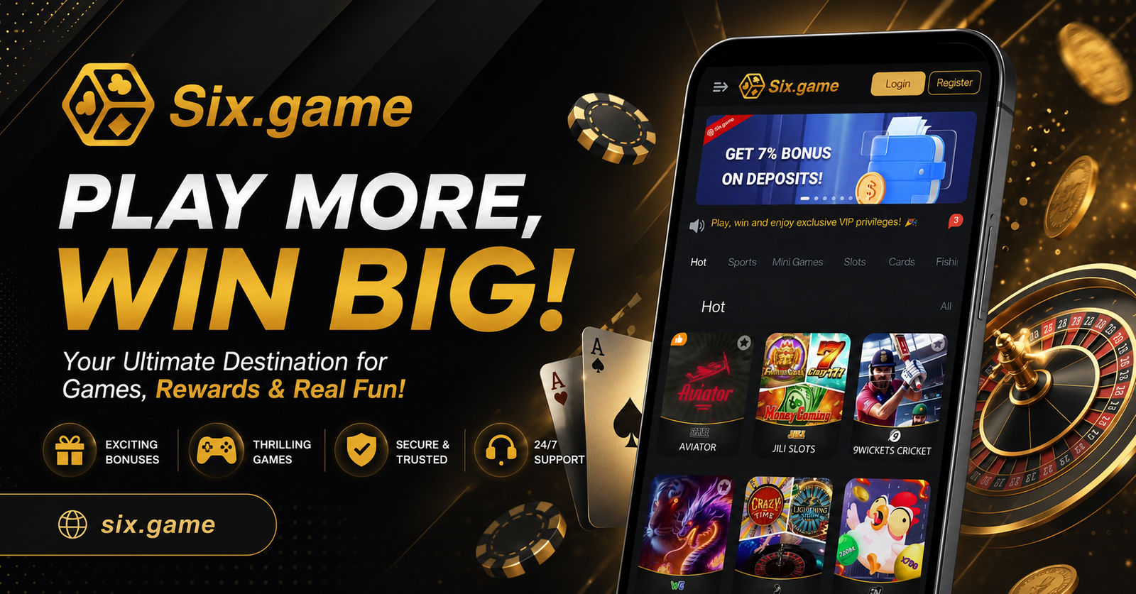 Six Game official social banner featuring the gold Six emblem, slot reels and the Rs 10,000 welcome bonus