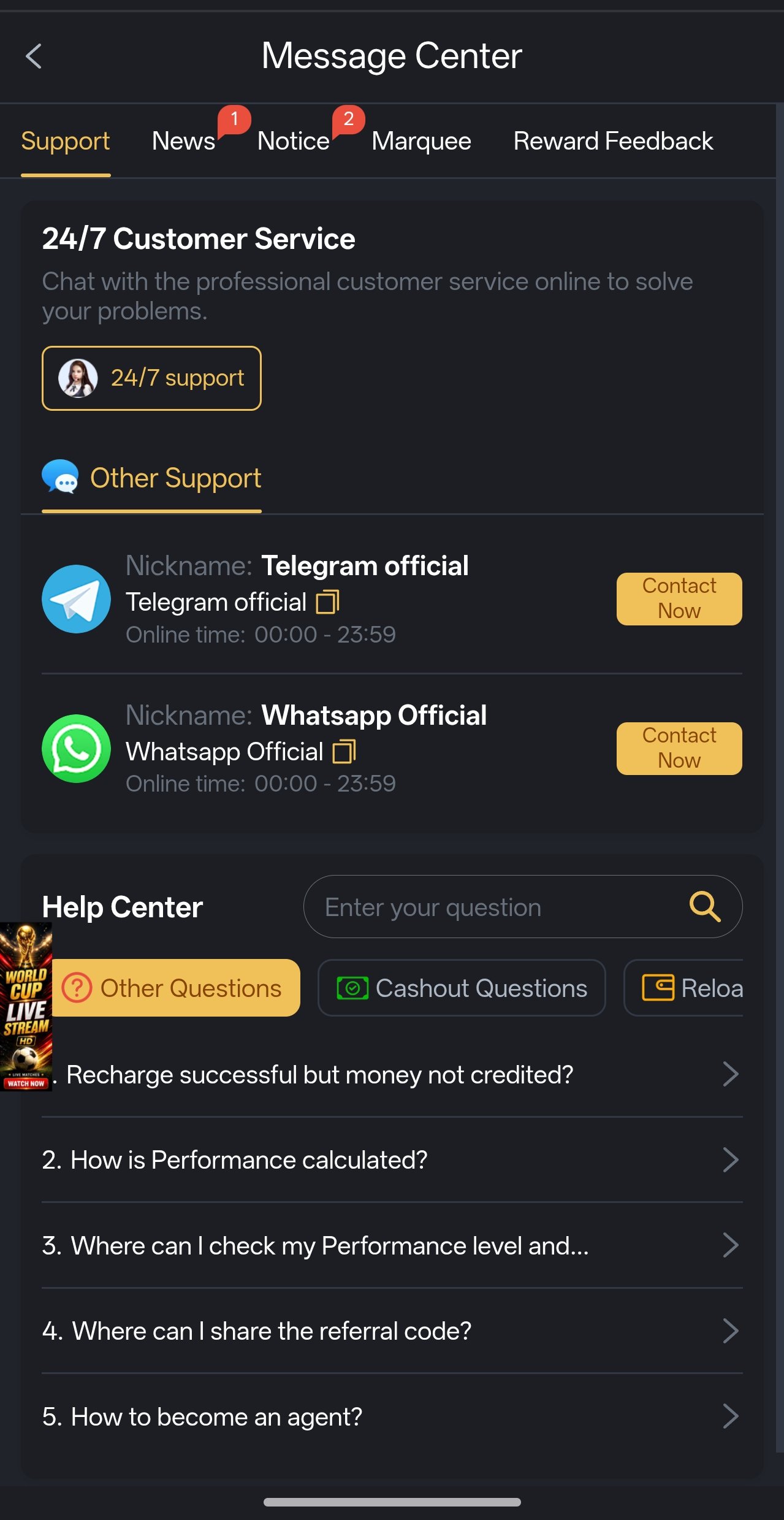 Six app wallet screen with deposit and withdrawal options