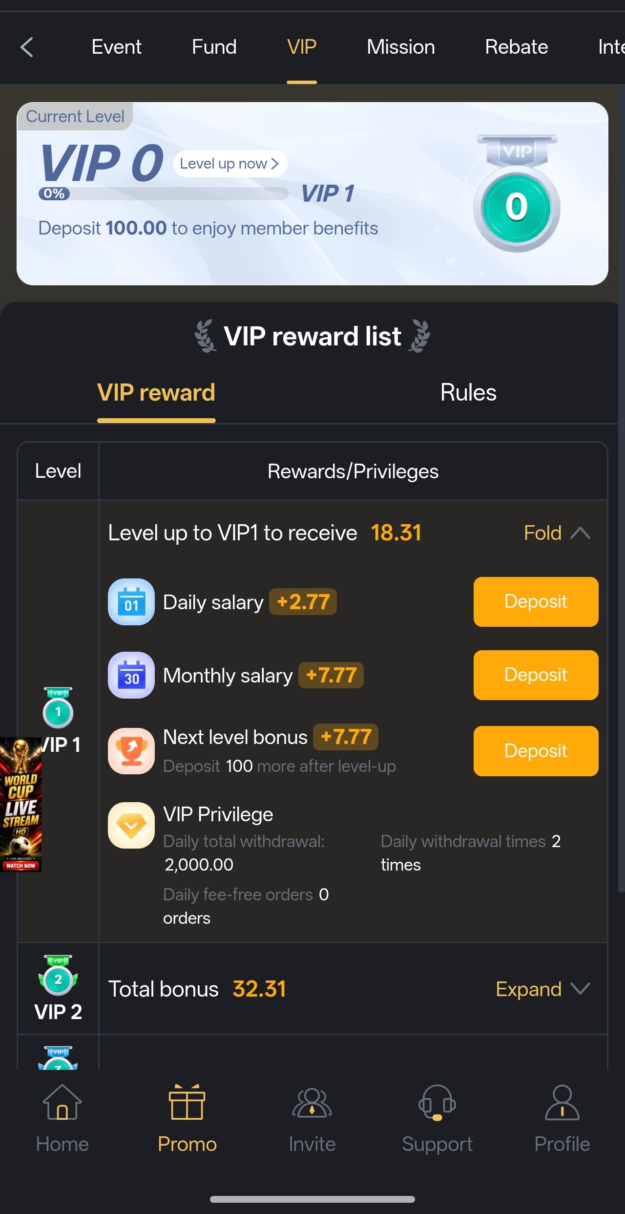 Six app account and VIP profile screen